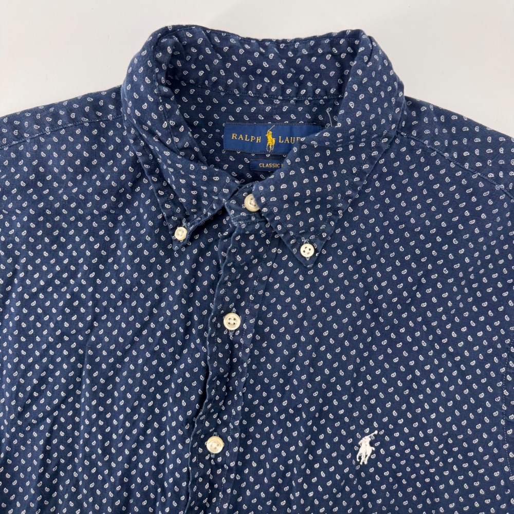 Polo Ralph Lauren Button Down Men Medium‎ Navy Blue Linen Paisley Classic Fit